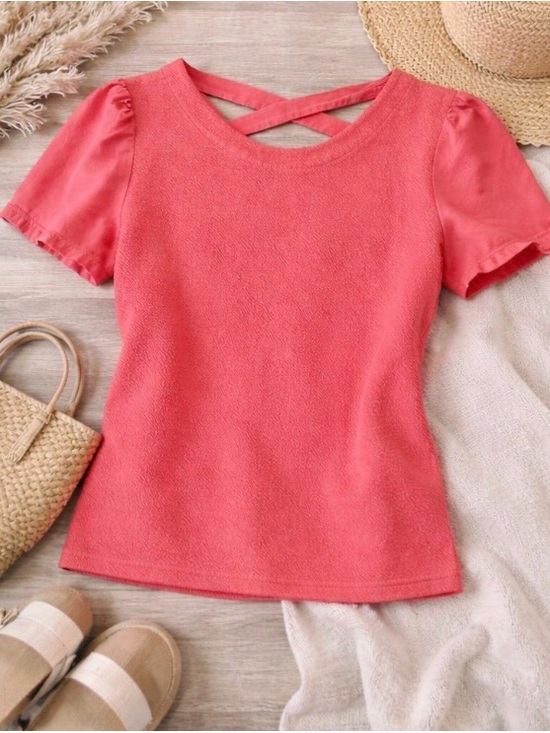 Anthropologie Tops - Anthropologie Coral Textured Knit Top Crisscross Back Short Sleeve Blouse